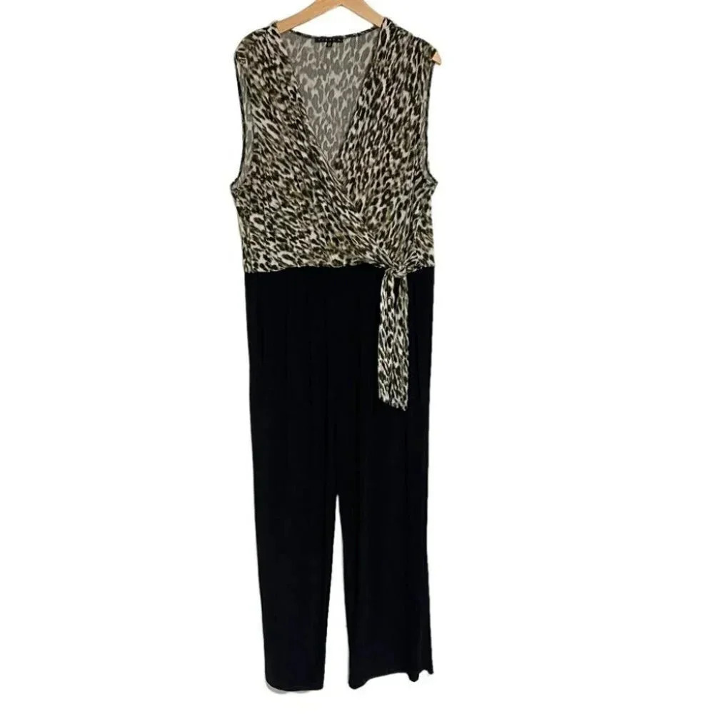 Tiana B. Jumpsuit 3X Black Leopard Print Faux Wrap Sleeveless Wide Leg Tie Waist